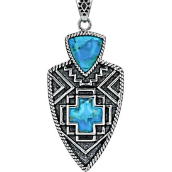 Turquoise Arrowhead Aztec Western Sterling Silver Enhancer Pendant With Chain - Picture 7 of 10